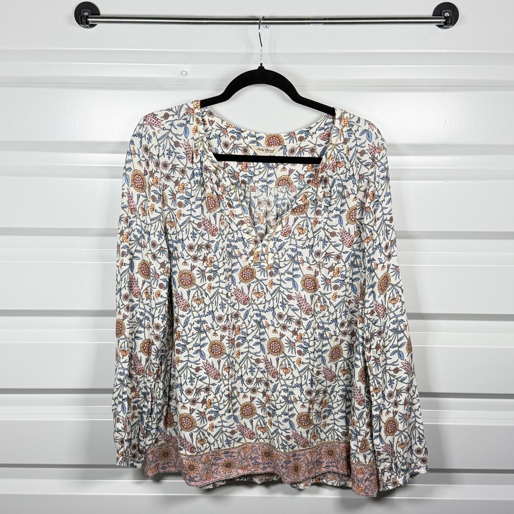 Lucky Brand Floral Blouse Women Large Cream Boho Long Sleeve V-Neck